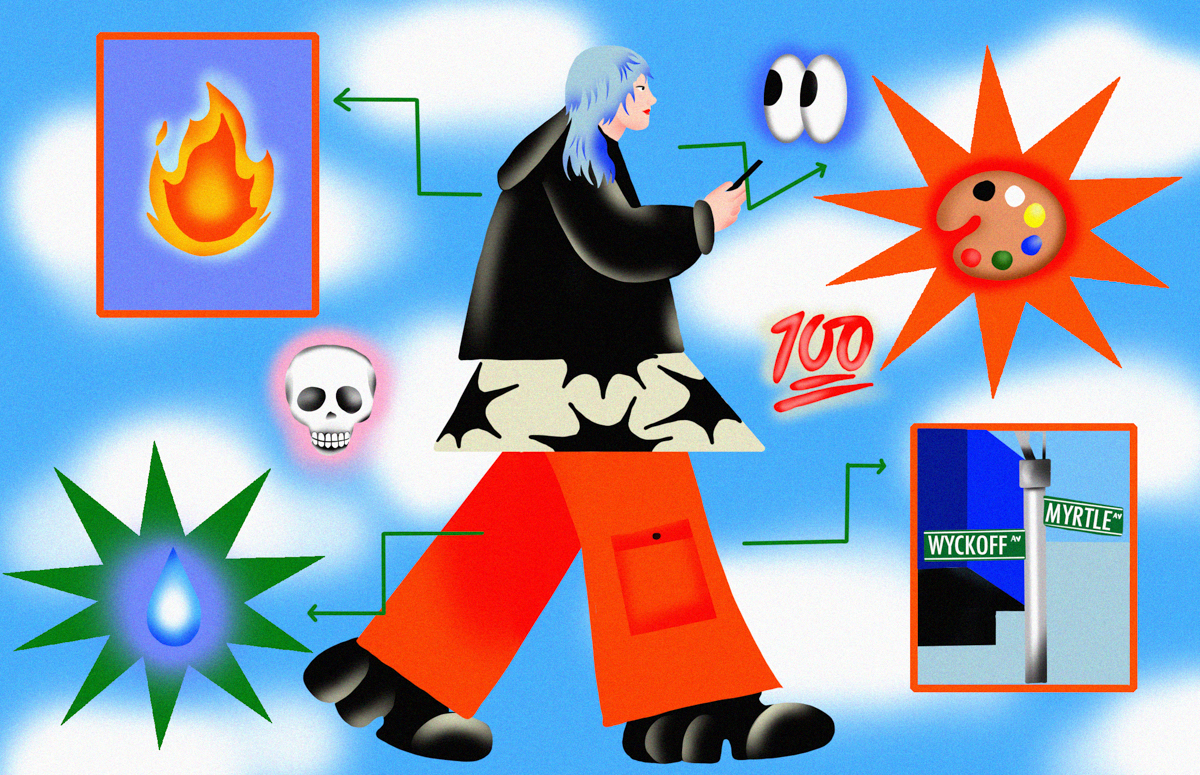 A brightly colored drawing of a figure with blue hair in very wide pants and a hip-looking jacket surrounded by symbols of Gen Z.