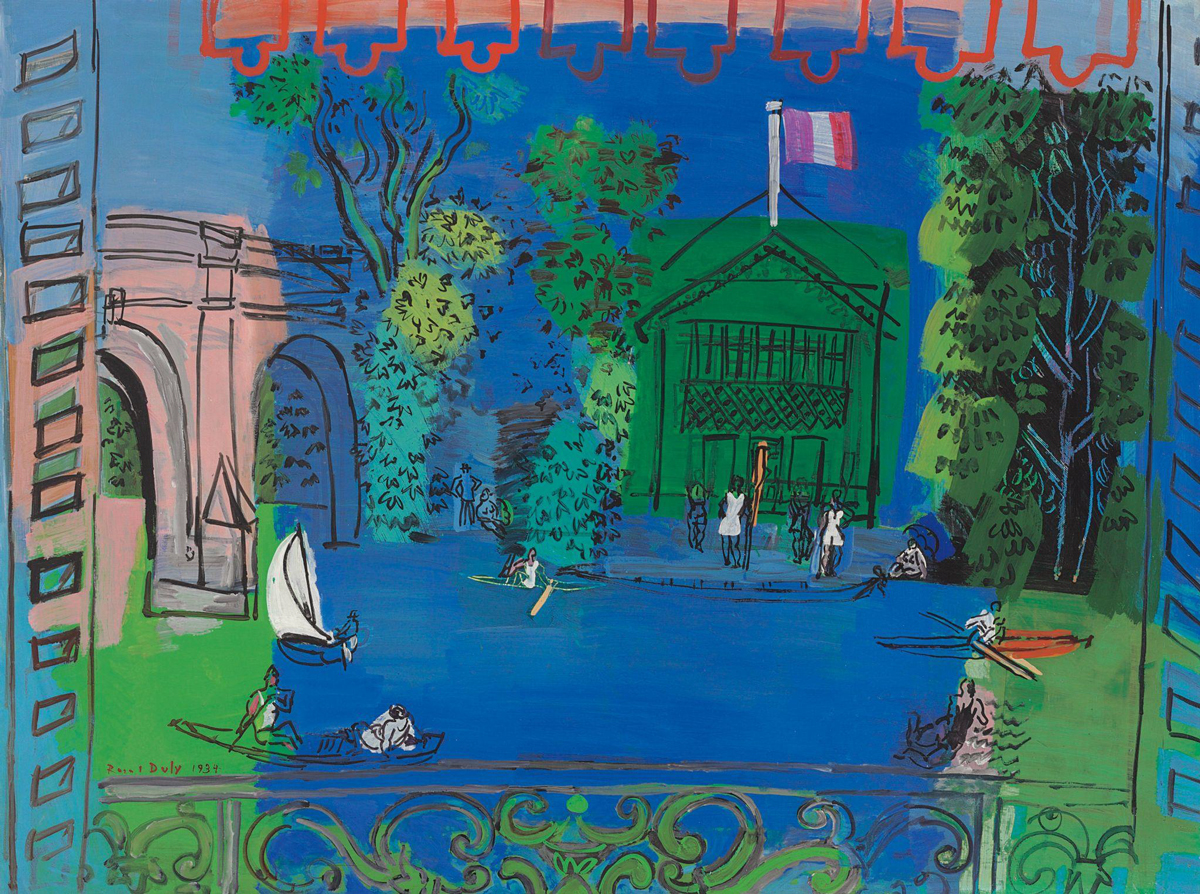 A painting in bright colors that shows people rowing in a lake, a bridge, and people on shore in front of a town hall with the French flag.