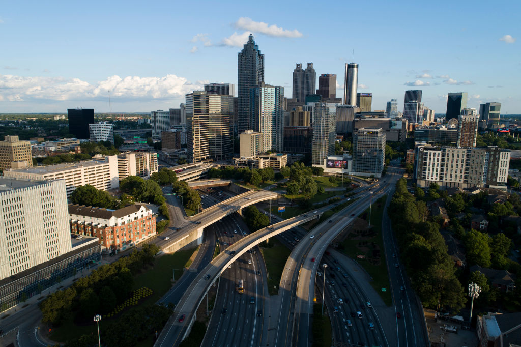 ATLANTA, GEORGIA - MAY 15: In an aerial view, the downtown skyline is seen from the I-75/85 Downtown Connector on May 15, 2024 in Atlanta, Georgia. Atlanta is one of the host cities for the 2026 World Cup. (Photo by Alex Slitz - FIFA/FIFA via Getty Images)