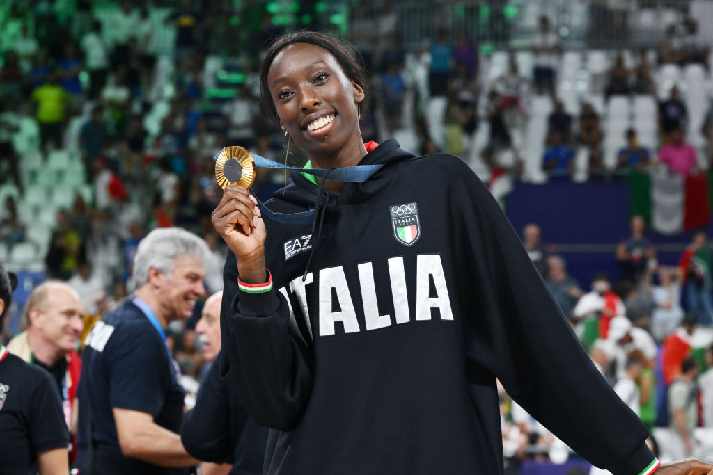 PARIS, FRANCE - AUGUST 11: Paola Egonu of Italy celebrate the win at the end of women's gold medal volleyball match on day sixteen of the Olympic Games Paris 2024 at Paris Arena on August 11, 2024 in Paris, France. (Photo by Image Photo Agency/Getty Images)