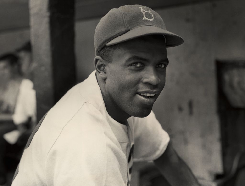 circa 1945: A portrait of the Brooklyn Dodgers' infielder Jackie Robinson in uniform. (Photo by Hulton Archive/Getty Images)