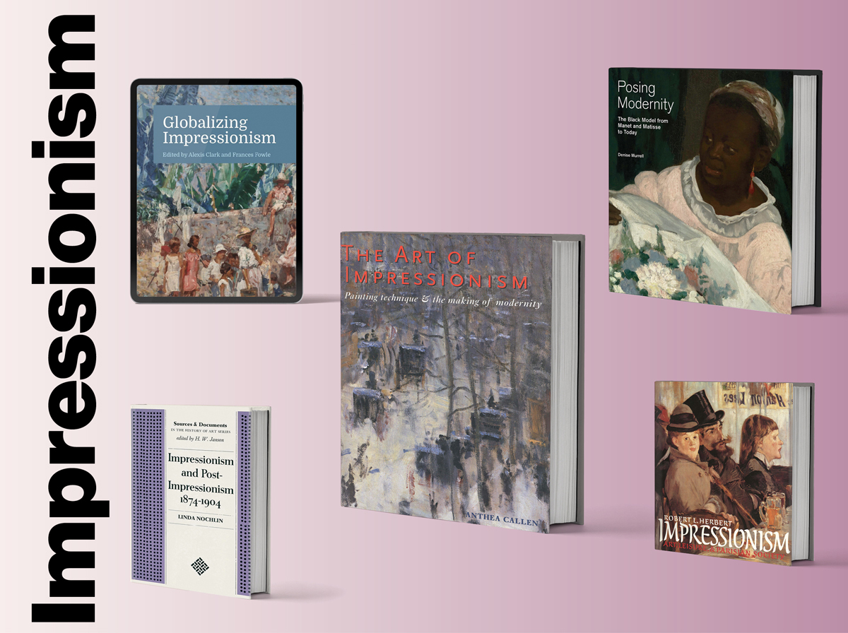 a grid of essential Impressionism books on a purple gradient background