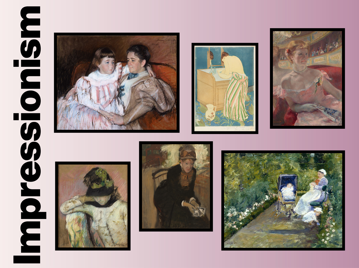 a grid of well-known Impressionist artworks on a purple gradient background