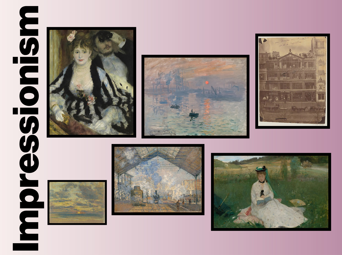 a grid of well-known Impressionist artworks on a purple gradient background