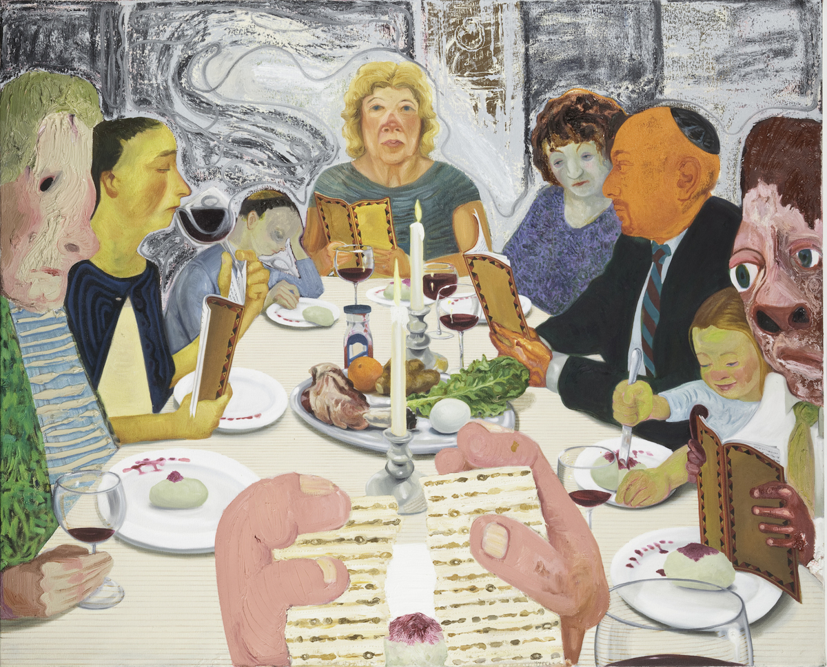 A painting of a Seder seen from the point of view of a person whose pink hands break a piece of matzah. Others are seated closely around the table, which is lined with a Seder plate, lit candles, and half-drunk glasses of wine.